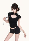 Black stand-collar crop top with front cutout