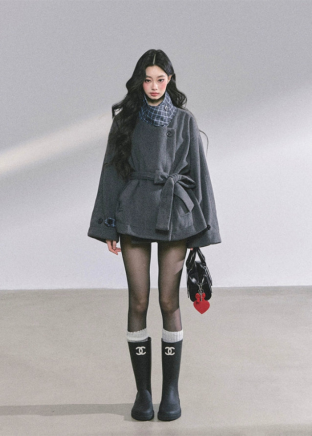 wool belted blazer, plaid collar wool coat, French tweed jacket women, Korean academia jacket, oversized wool top women, fall winter wool blazer, elegant wrap coat women, chic plaid lining jacket, boutique woolen outerwear, Korean fashion blazer, loose slimming wool coat, tweed overcoat women, autumn french style coat, high-end wool jacket women, 2025 fall fashion outerwear