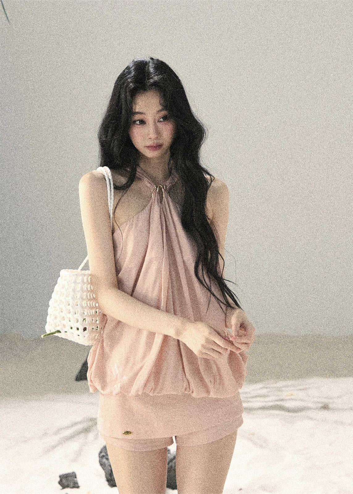 Blush pink gathered halter top and mini skort set