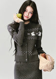 Fragileheart knit set, Fair Isle sweater outfit, winter Korean fashion, bunny pattern cardigan, luxury feminine knitwear, quiet luxury winter style, pastel noir aesthetic, elegant two-piece knit set, cozy winter outfit, K-fashion 2025, cute chic knit ensemble, rabbit motif sweater, romantic knit skirt look, soft feminine fashion