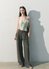 Women’s draped linen blend wide leg pants with subtle metallic shimmer