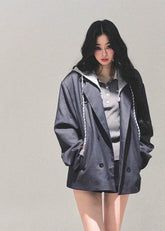 fake two piece blazer women, hooded preppy blazer, minimalist layered jacket, autumn winter preppy coat, oversized silhouette blazer, korean preppy fashion, hooded faux layer top, fw25 womens outerwear, casual campus blazer, layered street jacket