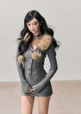 AOMALM sweater dress, French knit dress, winter mini dress, faux fur collar dress, fitted knit dress, warm winter dress, feminine winter outfit, soft knit mini dress, Korean fashion dress, romantic sweater dress, slimming knit dress, cozy winter dress, button-down sweater dress, winter date outfit, stylish knitwear women