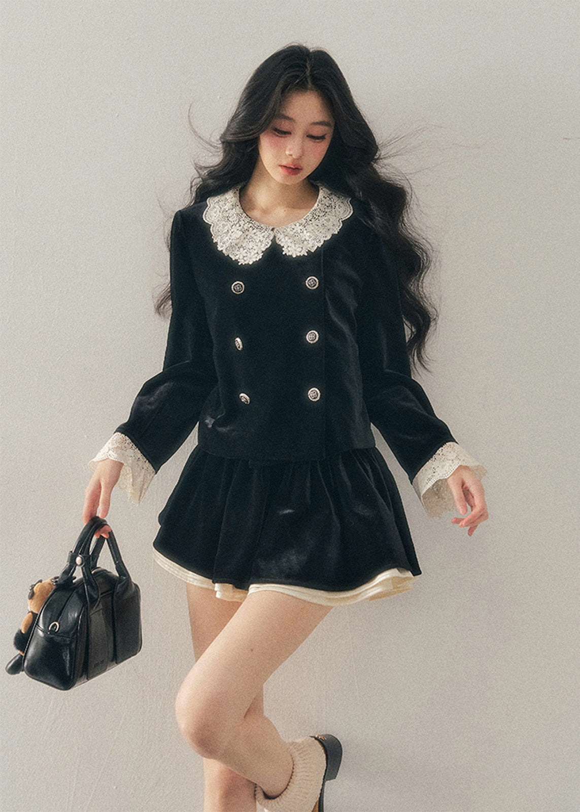 velvet two piece set women, lace collar velvet outfit, winter velvet set women, korean minimal style set, elegant women ensemble, doll collar velvet top, refined winter outfit women, feminine velvet suit, premium women clothing, aomalm velvet style, classic lace trim set, understated luxury women wear, winter skirt set women, modern elegant two piece, soft velvet outfit