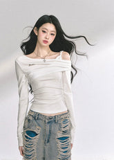 korean off shoulder long sleeve, korean hot girl top women, minimalist korean streetwear top, off shoulder drape knit top, korean fall fashion slim top, seoul style off shoulder shirt, korean aesthetic blouse women, korean sexy minimalist top, chic korean long sleeve shirt, korean modern street outfit, off shoulder hot girl korean fashion, korean autumn fitted top, french chic off shoulder design, korean straight shoulder long sleeve, kfashion minimalist fall top