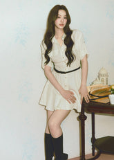 belted shirt dress, French shirt dress, lyocell linen dress, A-line mini dress, feminine Korean dress, button front dress, summer shirt dress, light blue dress, white shirt dress, waist cinching dress, elegant casual dress, vacation dress women, café date dress, soft summer dress, Korean feminine fashion