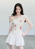 fragileheart set, floral mesh top, cross shoulder top, korean feminine set, summer flower outfit, printed mesh top, mini skirt set, soft girl summer outfit, korean summer fashion, floral two piece set, feminine vacation outfit, romantic mesh top