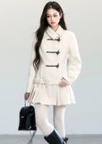 Fragileheart wool coat set, pleated skirt outfit, luxury Korean fashion, horn buckle jacket, fog blue winter coat, ivory tweed ensemble, quiet luxury womenswear, pastel noir aesthetic, elegant two-piece outerwear, K-fashion 2025, structured feminine style, sophisticated winter outfit, belted coat dress, modern romantic fashion