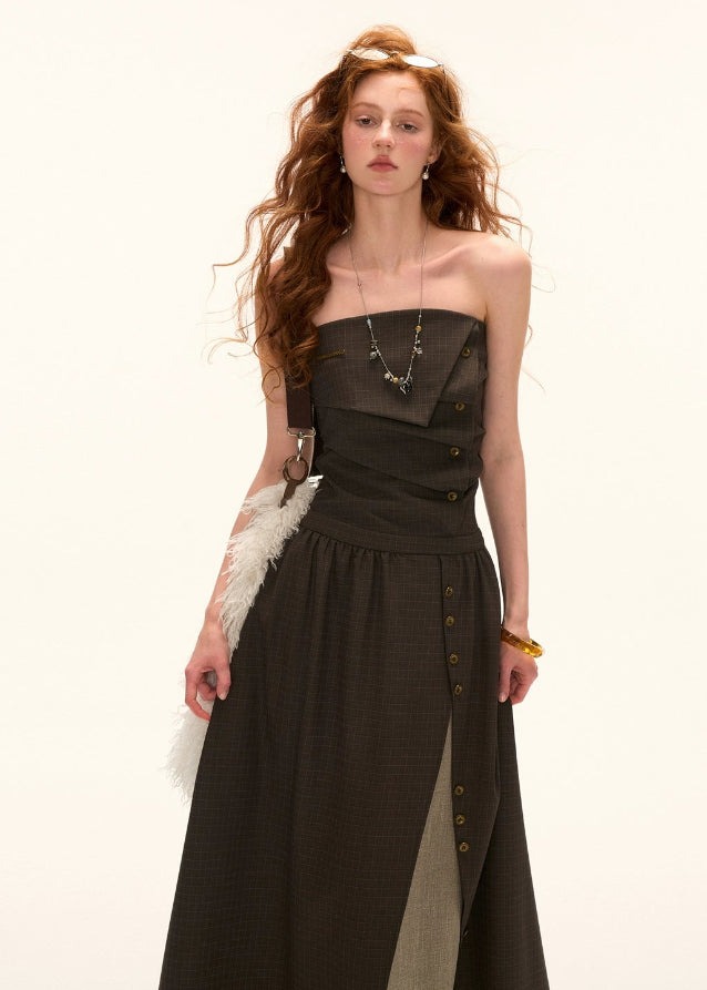 retro bandeau dress, layered long dress women, slim fit fall dress 2025, high end layered skirt outfit, elegant bandeau long dress, korean street luxe dress, autumn slimming maxi dress women, vintage inspired layered gown, nowa tokyo luxury feminine style