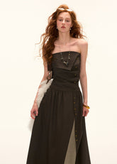 retro bandeau dress, layered long dress women, slim fit fall dress 2025, high end layered skirt outfit, elegant bandeau long dress, korean street luxe dress, autumn slimming maxi dress women, vintage inspired layered gown, nowa tokyo luxury feminine style