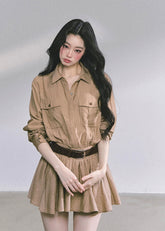 korean cargo dress, french hepburn dress, autumn flare shirt dress women, belted short cargo dress, korean academia style outfit, korean autumn mini dress, beige button up dress, seoul preppy girl fashion, korean elegant cargo dress, hepburn french chic outfit, soft academia korean fashion, korean shirt dress long sleeve, korean fall 2025 dress, stylish cargo mini dress, waist slimming flare dress