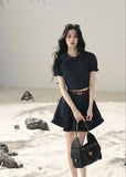 Korean preppy two-piece skirt set in dark navy
