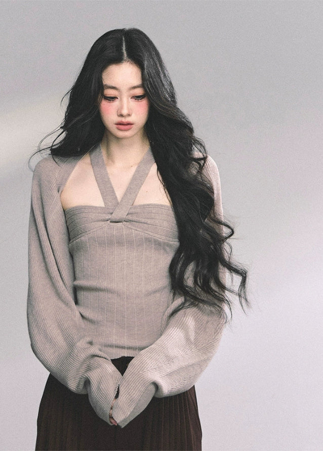 halter knit top set, two piece knit shawl, french style knit shirt, autumn halterneck knit, high end knitwear women, fw25 knit set, ribbed halter top women, layered knit long sleeve, elegant knit two piece outfit