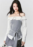 Fragileheart off-shoulder blouse, grey patchwork top, asymmetric layered shirt, luxury Korean fashion, elegant autumn outfit, quiet luxury style, pastel noir aesthetic, K-fashion 2025, structured feminine top, intellectual modern look, pre-fall womenswear, romantic Korean blouse, soft grey knit shirt, delicate tailored outfit