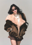 eco fur jacket women, brown plush winter coat, faux fur collar jacket, loose warm winter top, chestnut fur jacket, fluffy winter outerwear, korean eco fur fashion, fw25 warm plush coat, women faux fur jacket, winter statement coat