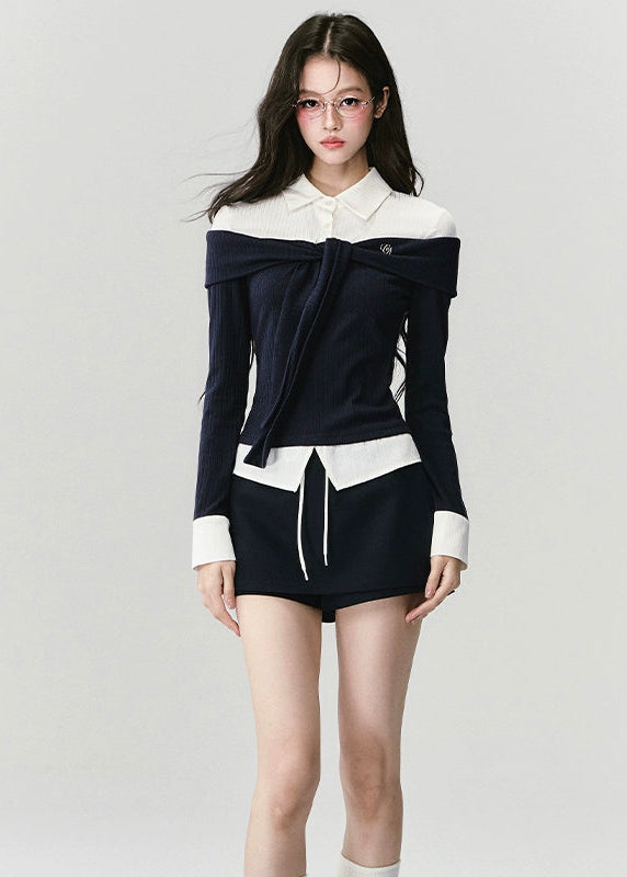 Fragileheart knit top set, off-shoulder sweater, luxury Korean fashion, elegant preppy outfit, autumn winter 2025, quiet luxury style, pastel noir aesthetic, black and white knitwear, K-fashion two-piece set, modern feminine look, ribbon detail top, soft academic chic, refined Korean womenswear, structured luxury knit