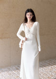 Ivory lace-trim V-neck knit maxi dress with long sleeves