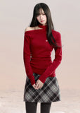 Fragile Heart off shoulder knit, red one shoulder top, Korean romantic sweater, feminine slanted shoulder knitwear, soft cotton knit top, gentle girly red sweater, trendy off-shoulder knit blouse, elegant Korean knitwear, winter romantic knit top, scarlet feminine top, AW Korean pretty girl style