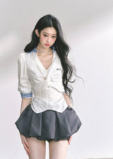 slimming v neck blouse, waist cinch shirt women, fake two piece shirt, french style blouse, korean streetwear top, professional commuter top, fitted summer blouse, elegant v neck shirt, sculpted waist shirt, kpop trainee style top, trendy women’s fashion top, tailored slim fit blouse, chic office top women, korean american fashion