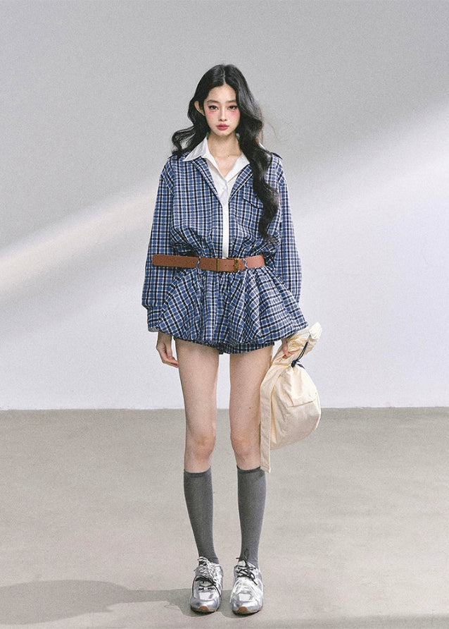 korean plaid dress, two piece set women, korean preppy outfit, hepburn style dress, autumn mini skirt set, belted plaid outfit women, seoul fashion 2025, korean chic preppy look, vintage school girl outfit, trendy korean clothing, blue check dress, elegant french plaid outfit, waist slimming short dress, korean matching set women, nom alm fashion