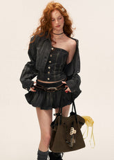 denim set women, three piece denim outfit, one shoulder denim top, cropped denim jacket women, mini skirt denim set, korean street fashion women, washed denim outfit, edgy feminine denim, structured denim set, vintage wash denim women, urban style denim outfit, matching denim set women, modern streetwear women, fashion forward denim, spring denim outfit, chic denim set, versatile denim pieces, contemporary women clothing, asymmetrical denim top, statement denim outfit