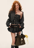 denim set women, three piece denim outfit, one shoulder denim top, cropped denim jacket women, mini skirt denim set, korean street fashion women, washed denim outfit, edgy feminine denim, structured denim set, vintage wash denim women, urban style denim outfit, matching denim set women, modern streetwear women, fashion forward denim, spring denim outfit, chic denim set, versatile denim pieces, contemporary women clothing, asymmetrical denim top, statement denim outfit