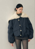 navy cotton jacket women, faux lamb wool collar coat, winter cotton coat women, korean minimal outerwear, refined winter jacket, elegant women coat, padded cotton jacket, understated luxury winter wear, aomalm jacket style, calm blue winter coat, modern women outerwear, feminine winter jacket, premium cotton coat, versatile winter jacket women, soft structure winter coat