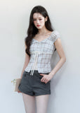 fragileheart top, blue plaid top, korean plaid blouse, academy style top, lace patchwork top, feminine summer top, tie front plaid top, cotton plaid blouse, korean fashion top, slim fit summer blouse, cute plaid top, preppy korean top