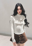 french lace bow top, black white lace shirt women, slim fit base shirt, long sleeve lace tee, autumn french style top, ribbon lace blouse, korean slim knit top, elegant lace t-shirt women, fw25 lace top, soft girl frenchcore