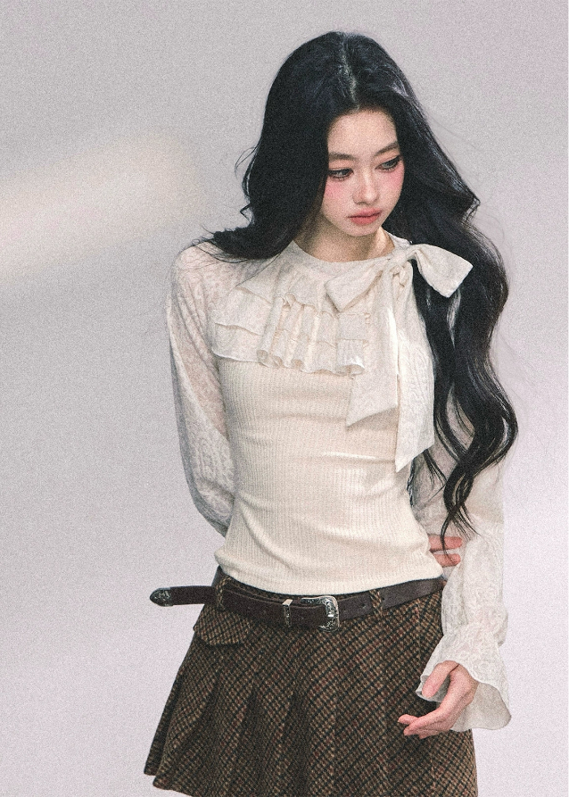 lace ruffle knit top women, fake two piece french shirt, autumn white lace blouse, slimming long sleeve knit, moonlight lace top, fw25 french knitwear, frill front knit shirt, ivory lace sleeve top, elegant ruffle knit women
