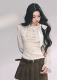 lace ruffle knit top women, fake two piece french shirt, autumn white lace blouse, slimming long sleeve knit, moonlight lace top, fw25 french knitwear, frill front knit shirt, ivory lace sleeve top, elegant ruffle knit women