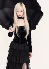 gothic lace patchwork top, dark square neck blouse, cross detail gothic top, velvet gothic puff sleeve top, VOCK dark romantic style, black lace gothic fashion, gothic aristocrat top, punk gothic blouse, dark street gothwear, square neck velvet top, black cross patch top, gothic puff sleeve shirt, feminine darkwear, VOCK aesthetic clothing, gothic lace velvet top, midnight gothic blouse, elegant dark goth style, gothic girl outfit top