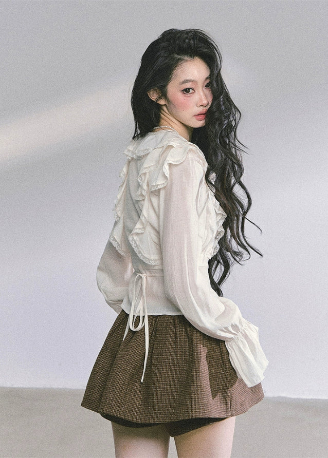 high end french blouse, lace ruffle top, v neck lace shirt, autumn korean fashion top, slimming ruffle blouse, elegant lace blouse women, korean romantic style shirt, vintage frill top women, chic feminine blouse, aesthetic korean outfit top