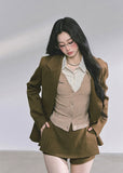 korean blazer shorts set, french british suit set women, autumn two piece blazer set, korean streetwear suit outfit, chic brown suit women, office style korean fashion, pleated culotte suit set, hepburn style blazer outfit, elegant two piece set women, seoul fashion brown suit, vintage french blazer look, korean professional outfit women, brown jacket mini skirt set, modern chic korean suit, high end autumn fashion set