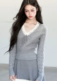 Fragileheart knit skirt set, lace V-neck sweater, pleated mini skirt outfit, luxury Korean fashion, quiet luxury womenswear, pastel noir aesthetic, elegant pre-autumn outfit, grey two-piece knit set, romantic feminine fashion, K-fashion 2025, vintage-inspired knitwear, soft Korean fashion, delicate pleated skirt look, refined knit coordination
