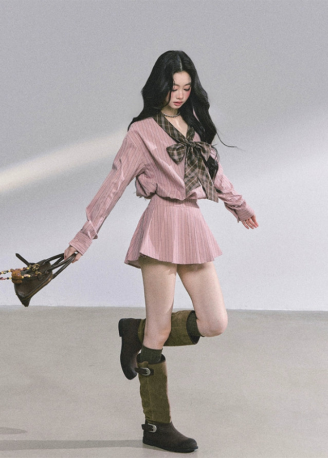 french stripe shirt dress, korean bow dress women, autumn long sleeve shirt dress, plaid bow korean dress, seoul fashion stripe dress, french slim fit dress women, hepburn stripe dress, korean office outfit women, fall korean fashion dress, soft academia dress outfit, preppy bow tie dress, korean street style shirt dress, elegant stripe mini dress, korean classy shirt dress, women’s fall fashion 2025