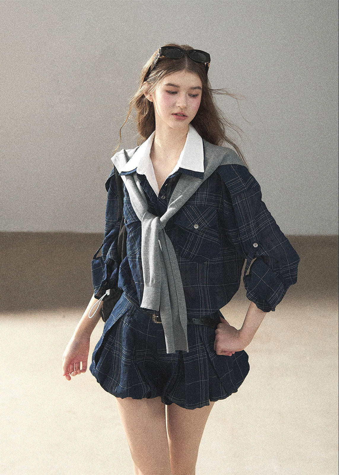 Navy plaid collegiate jacket and shorts set