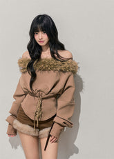 Korean feminine top, off shoulder knit top, winter plush top, fur trim sweater, waist slimming top, soft Korean style, women winter top, French inspired knitwear, cozy feminine top, elegant winter outfit, AOMALM top, faux fur trim shirt, romantic winter fashion, slim fit knit top, Korean aesthetic clothing, winter date outfit, soft girl style top, feminine corset top