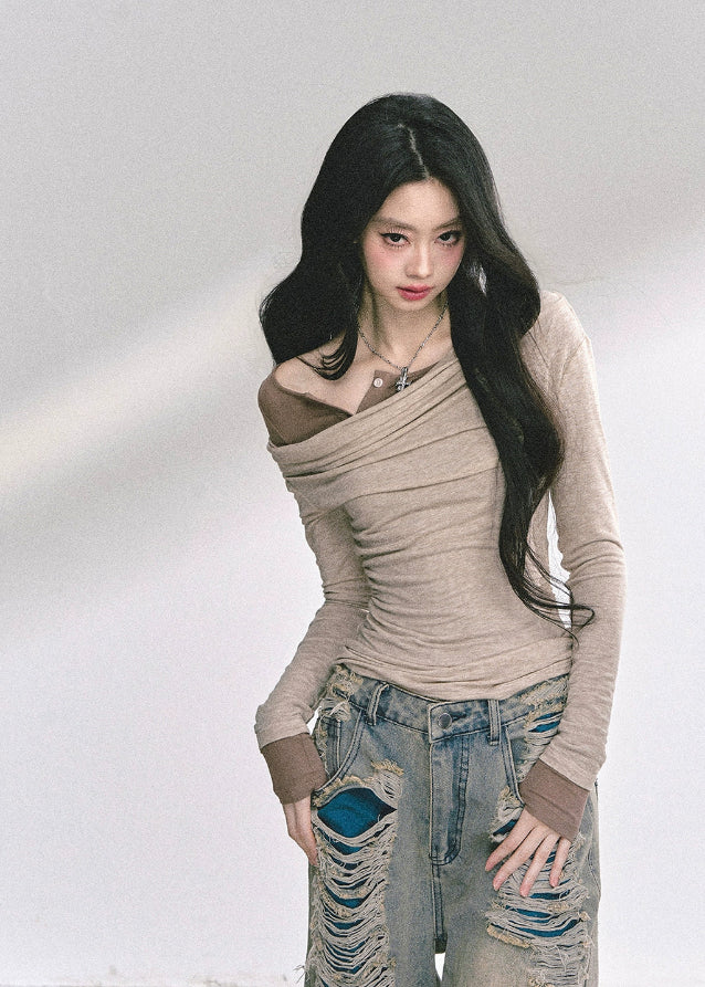 korean off shoulder top, korean fake two piece long sleeve, korean street fashion top women, seoul hot girl outfit, slim waist long sleeve top, korean fall fashion blouse, off shoulder wrap knit top, kfashion minimalist street top, korean aesthetic long sleeve shirt, trendy korean fall outfit, modern korean off shoulder design, slim fit off shoulder top women, layered illusion fashion top, korean street chic fashion, seoul inspired minimalist blouse