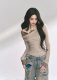 korean off shoulder top, korean fake two piece long sleeve, korean street fashion top women, seoul hot girl outfit, slim waist long sleeve top, korean fall fashion blouse, off shoulder wrap knit top, kfashion minimalist street top, korean aesthetic long sleeve shirt, trendy korean fall outfit, modern korean off shoulder design, slim fit off shoulder top women, layered illusion fashion top, korean street chic fashion, seoul inspired minimalist blouse