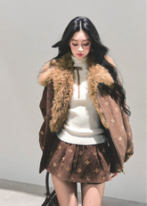 Whisper of Snowfall set, Maillard wool suit, Korean winter outfit, two-piece wool set, faux fur collar jacket, winter skirt set, AOMALM wool outfit, embroidered wool jacket, warm winter coordinates, Korean fashion winter set, cozy jacket and skirt set, feminine winter outfit, stylish wool two-piece, warm Maillard tone outfit, luxury winter clothing, cute winter suit women, Korean style jacket skirt set, soft wool winter wear, brown wool skirt set, fluffy collar winter jacket.