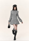 Grey double-breasted pleated mini dress with military-inspired stand collar