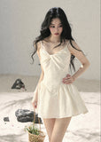 ivory mini dress set, sheer shawl dress, camisole mini dress, french style dress, korean fashion dress, romantic summer dress, feminine mini dress, elegant two piece dress set, aomalm dress, soft girl summer outfit