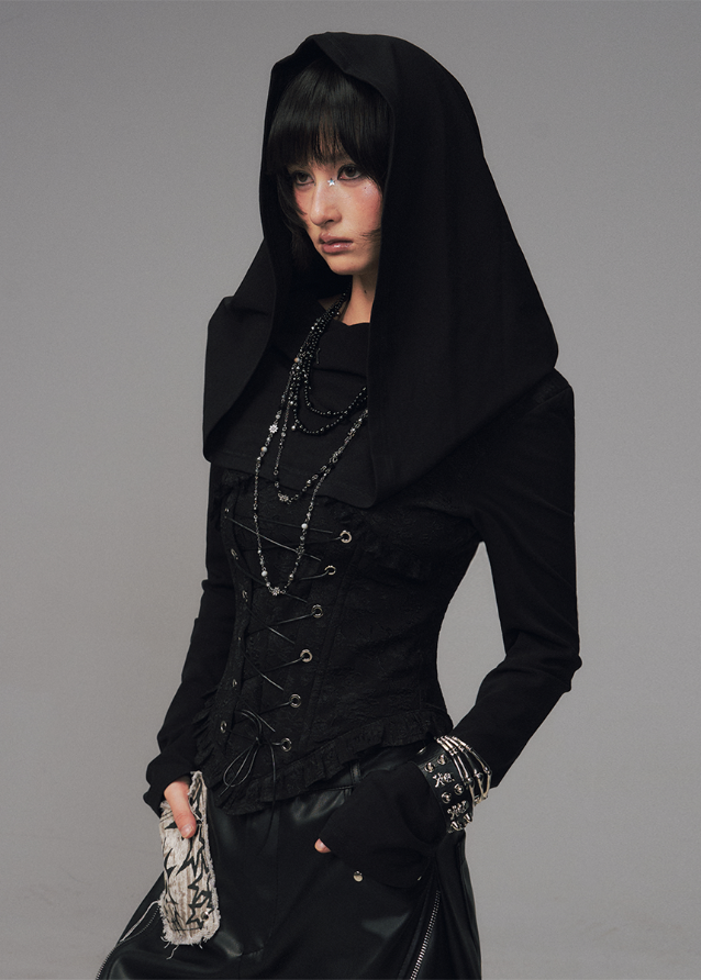 gothic hooded corset top, dark jacquard knit top, frustration garden top, lace up waist long sleeve, occult fashion hooded top, avant garde hood knit, gothic emo top women, deconstructed hood shirt, punk romantic knitwear, herringbone lace up blouse