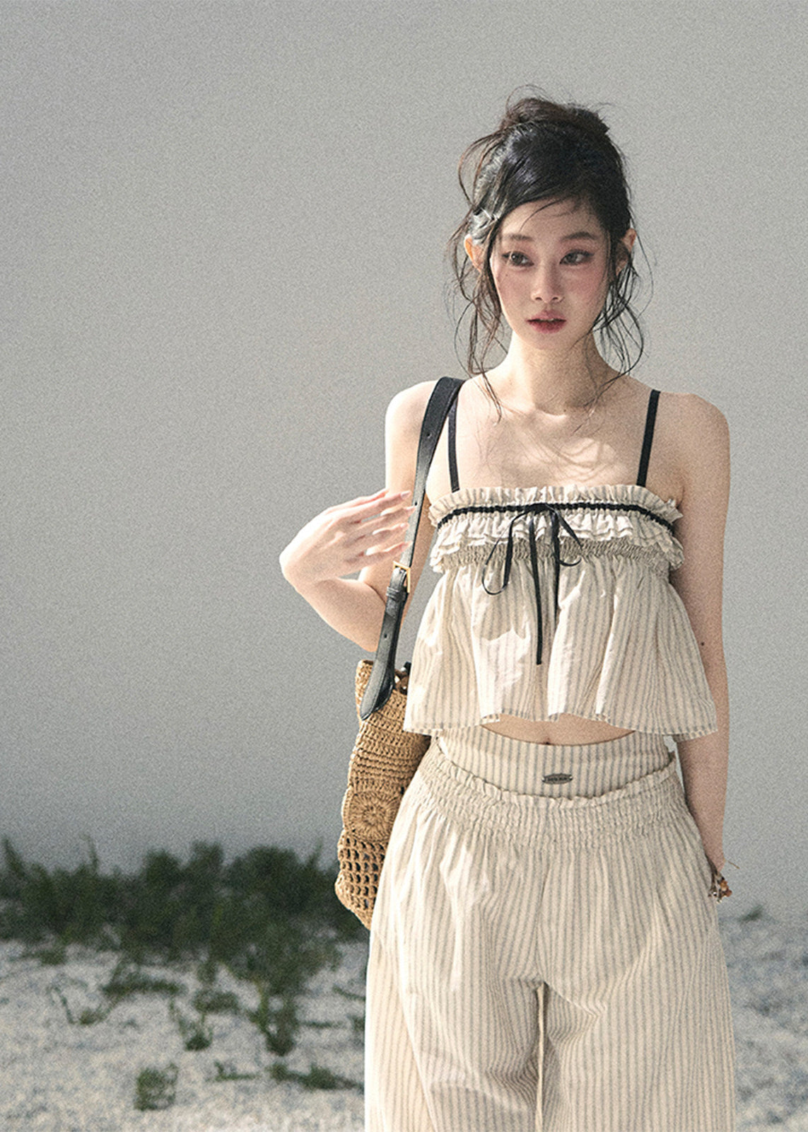 aomalm set, cotton two piece set, striped summer set, korean fashion set, camisole and pants set, wide leg pants set women, ivory summer co ord, feminine korean outfit, vacation outfit women, breathable cotton set, relaxed summer outfit, soft girl summer set