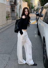 white wide leg pants, drawstring pants women, straight leg pants women, lyocell linen pants, relaxed commuter pants, white casual trousers, draped wide leg pants, summer white pants, feminine Korean fashion pants, minimal wide leg trousers, vacation outfit pants, soft lounge pants women, full length white pants, relaxed fit trousers, elegant casual pants