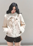 french fur jacket women, ivory plush winter coat, integrated fur cotton coat, warm winter padding jacket, soft girl winter outerwear, shearling style coat women, fw25 warm plush jacket, korean winter coat, cold protection jacket women