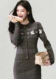 Fragileheart knit set, Fair Isle sweater outfit, winter Korean fashion, bunny pattern cardigan, luxury feminine knitwear, quiet luxury winter style, pastel noir aesthetic, elegant two-piece knit set, cozy winter outfit, K-fashion 2025, cute chic knit ensemble, rabbit motif sweater, romantic knit skirt look, soft feminine fashion