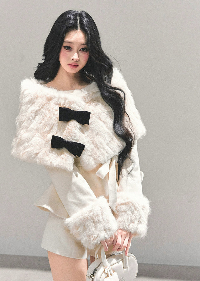 winter three piece set, fur cloak suit women, luxury holiday outfit, bow coat winter, white fur trim set, christmas light luxury clothing, winter shorts set, korean winter fashion suit, elegant fur cape outfit, fw25 womens coat set