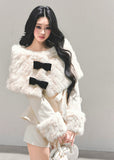 winter three piece set, fur cloak suit women, luxury holiday outfit, bow coat winter, white fur trim set, christmas light luxury clothing, winter shorts set, korean winter fashion suit, elegant fur cape outfit, fw25 womens coat set